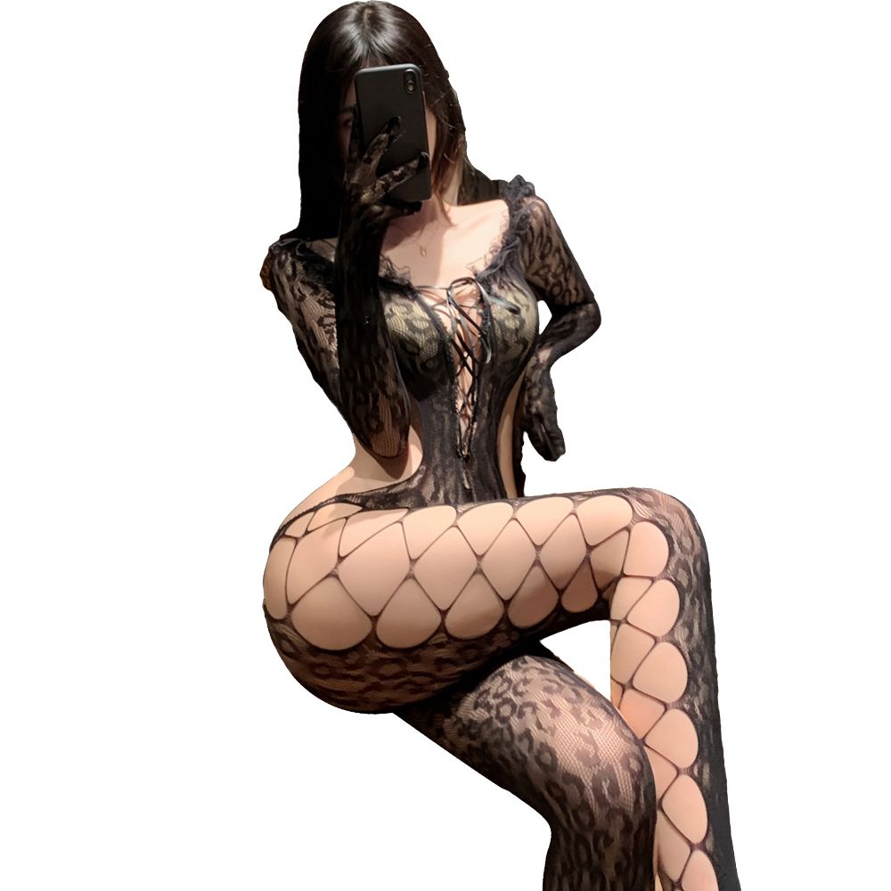 今夜情趣-性感獵豔豹紋連身網襪ZY97