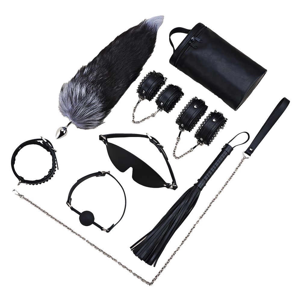 今夜情趣-BDSM調教黑蕾絲花邊皮革8件套