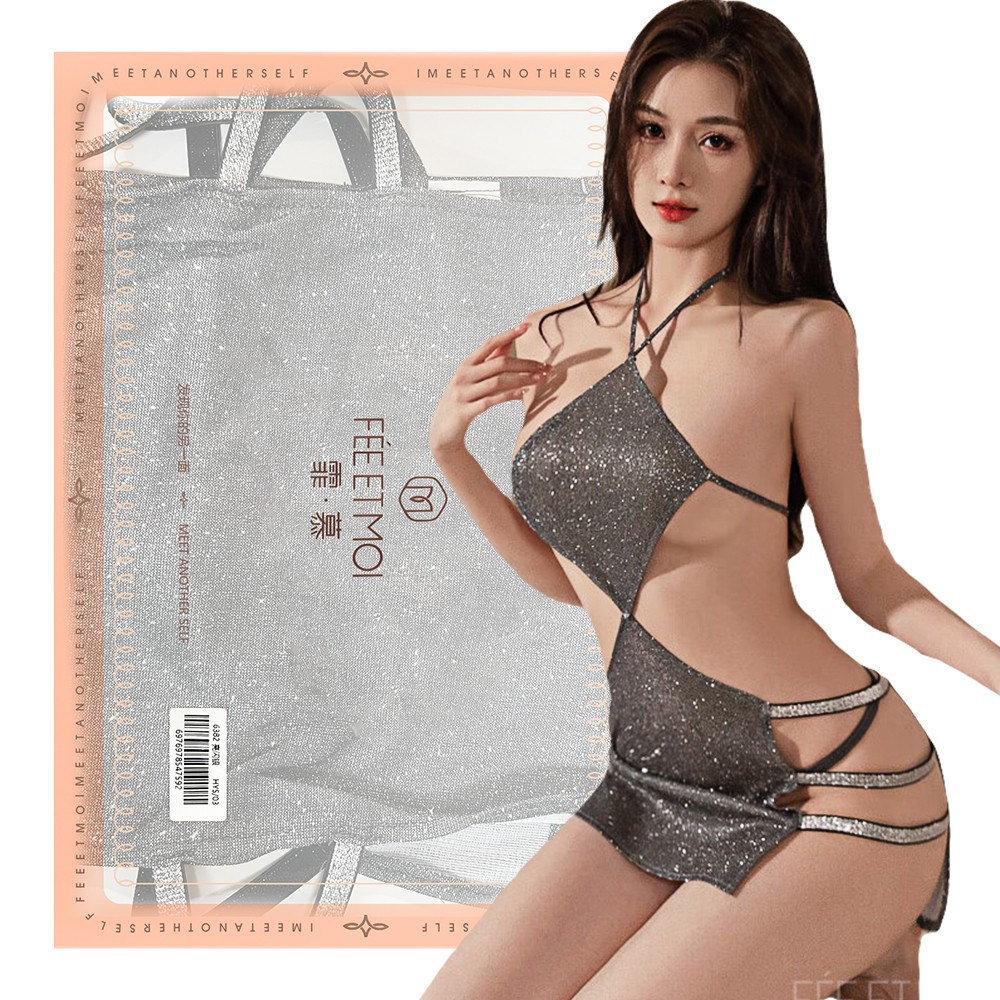 今夜情趣-肚兜式亮閃銀鏤空露臀裙-6382