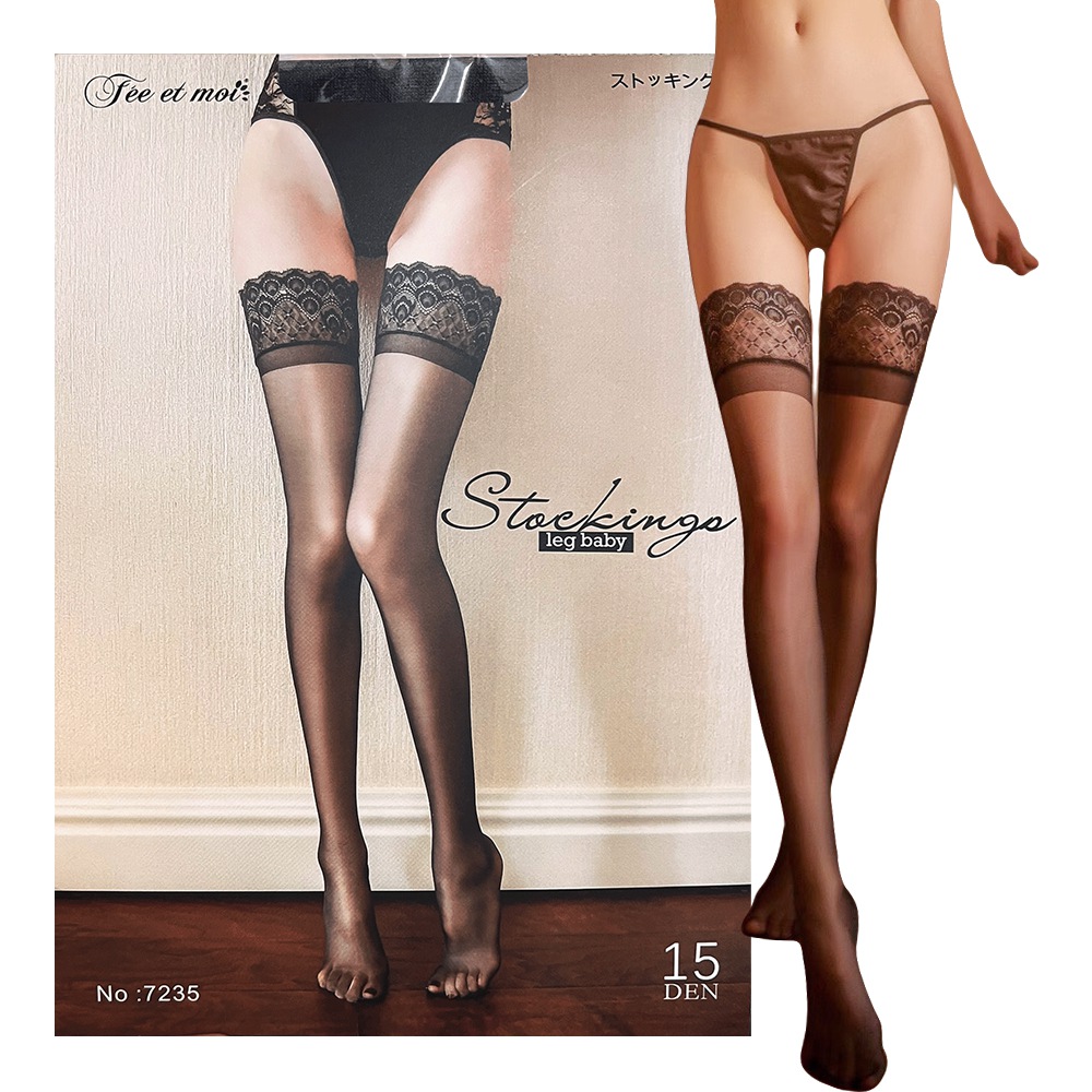 今夜情趣-油亮蕾絲花邊防滑大腿襪-7235